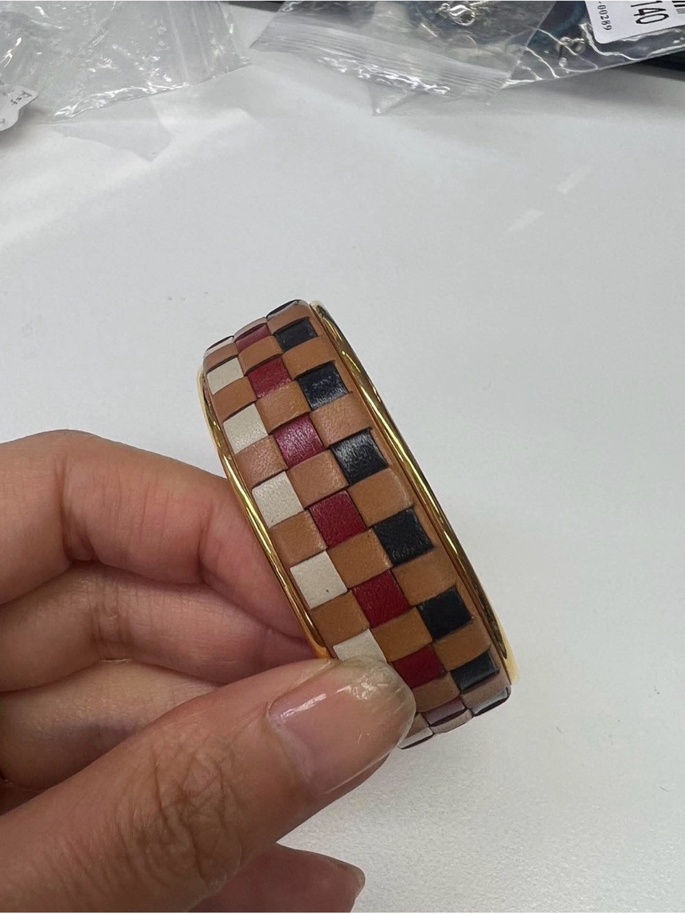 Hermes Multicolor Woven Leather Bangle with Gold Trim